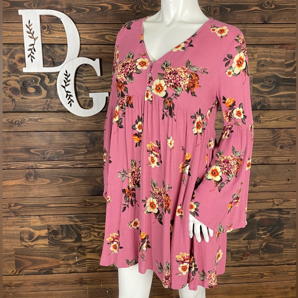 Altard State Multicolored Floral Pink Babydoll Dress Bell Sleeves V-Neck Button